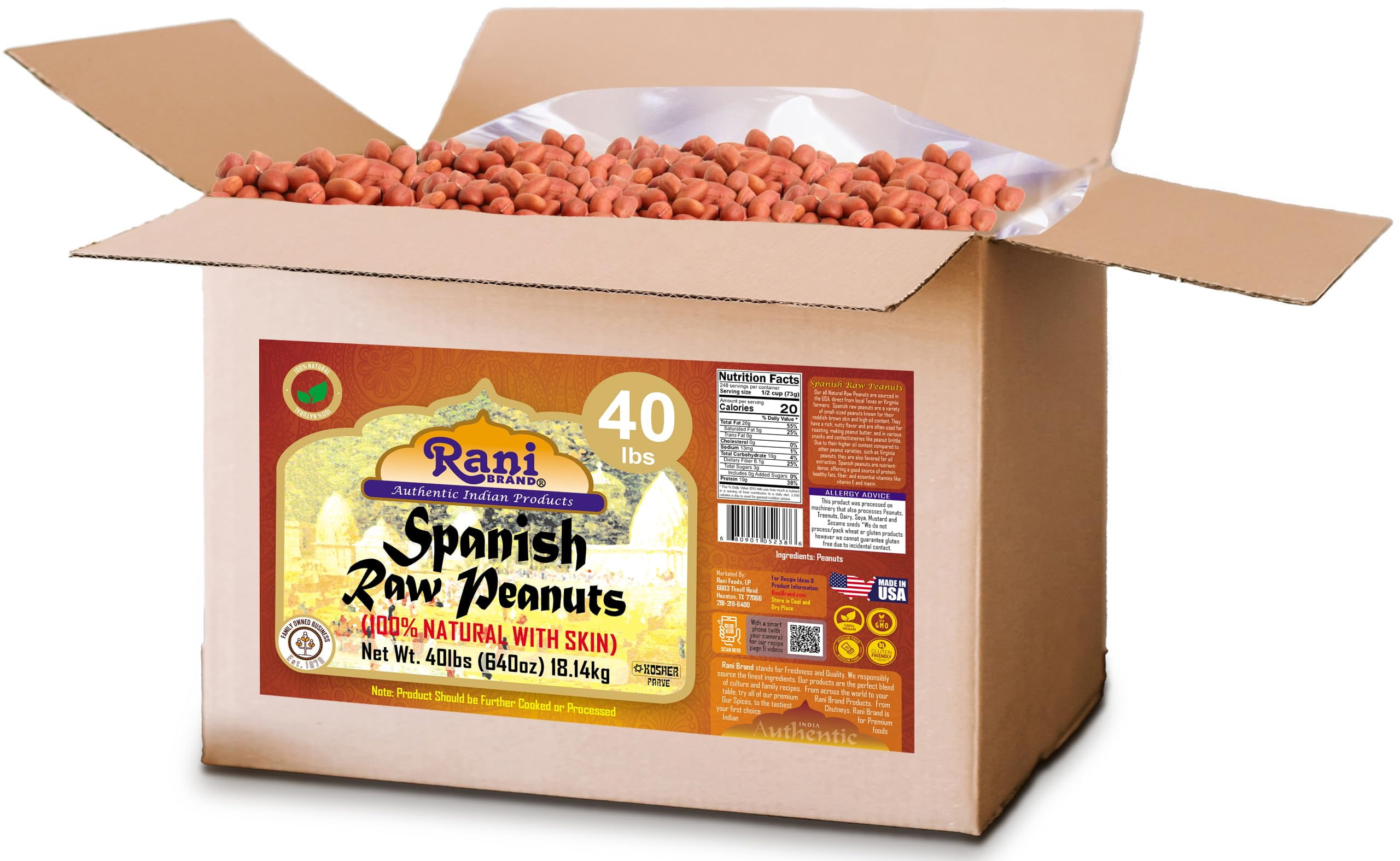 Rani Raw Spanish Peanuts 100% Natural with Skin (uncooked, unsalted) 40lbs (640oz) 18.14kg Bulk Box ~ Vegan | Gluten Friendly | Kosher | Red-brown Skin