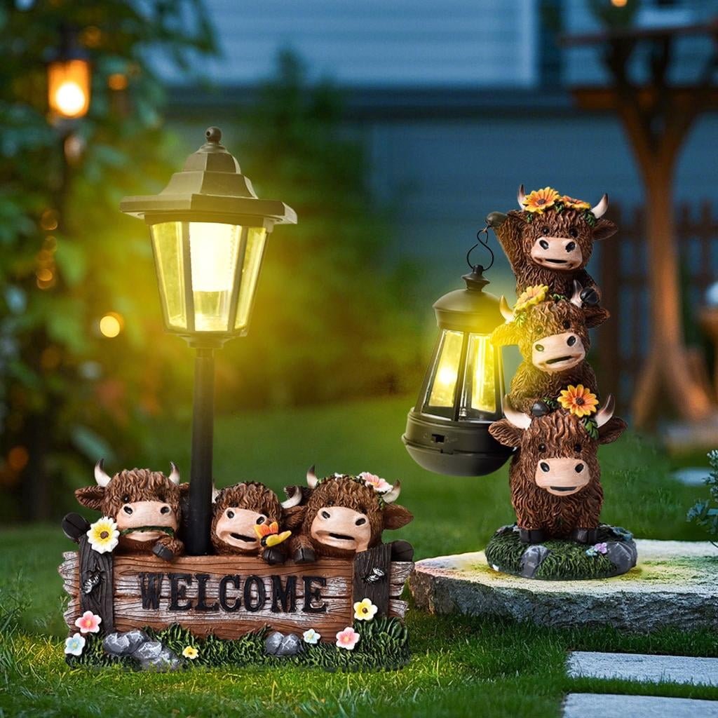 Rural Highlands Cattle Statue Solar Garden Sculpture Weather Resin Decoration Backyard Landscape Welcome Plaques