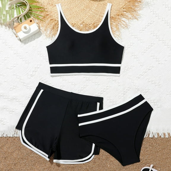 3 Piece Girls Swimsuit Bikini Set Girls Tankini Swimwear Bikini Set with Sporty Shorts Summer Beach Fashion Bathing Suit for Teen Girl