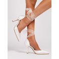 thumbnail image 6 of On feet & in love Women's Satin Pointed Toe Slingback Heels - Stiletto Dress Pumps with Sheer Ribbon Bow Detail,White, 6 of 7