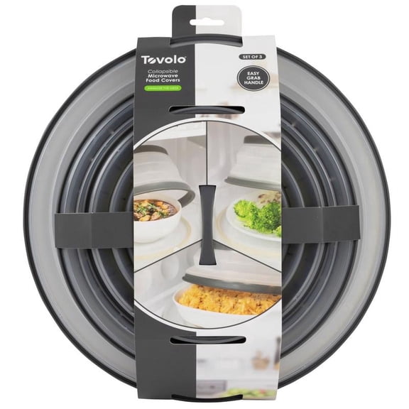 Tovolo Microwave Splatter Cover for Food, 3-Pack (Charcoal) - Collapsible & Vented Silicone Splatter Guard Lid - Microwave Plate & Dish Cover with Handle - BPA-Free Kitchen Gadget for Meal Prep