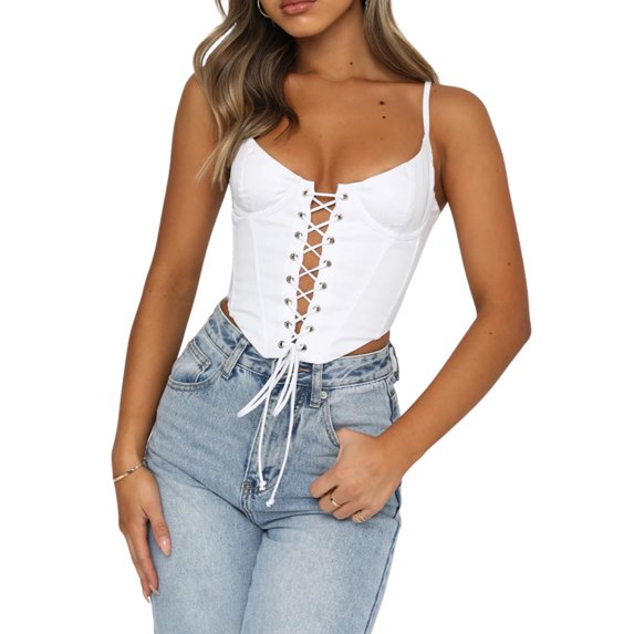 KOMOO Women Bandage Camisole Sleeveless Spaghetti Strap Crop Top Push Up Corset Top Bustier