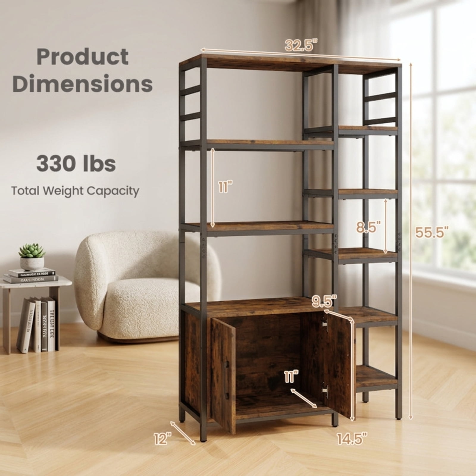 Furnibear Double Wide 8-Tier Bookshelf with 2-Door Cabinet for Living Room Home Office for Living Room Home Office Bedroom Display, Rustic Brown
