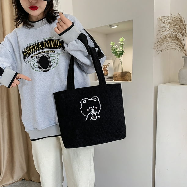 Bolso de hombro de pana para mujer Bolsos de compras de oso de dibujos animados (negro)