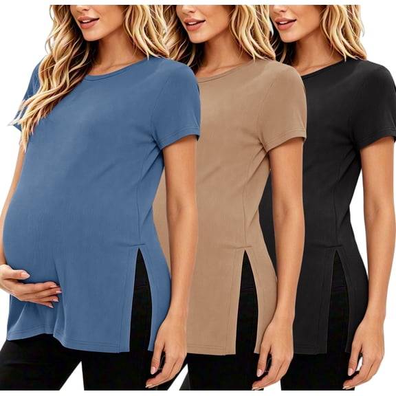 Women's Maternity Shirts Tops Split Hem Ribbed Maternity Pregnancy Clothes 3-Pack