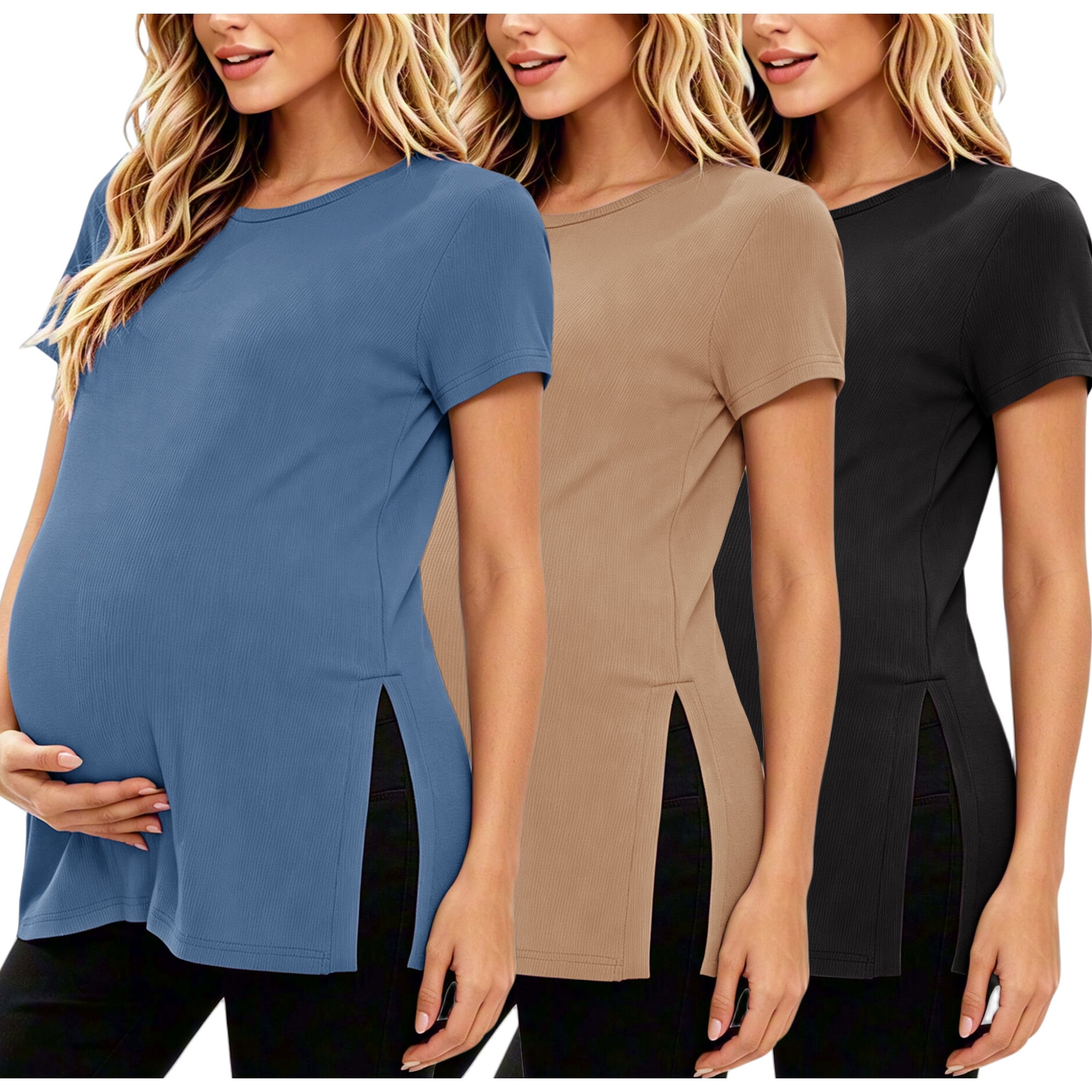 Women's Maternity Shirts Tops Split Hem Ribbed Maternity Pregnancy Clothes 3-Pack