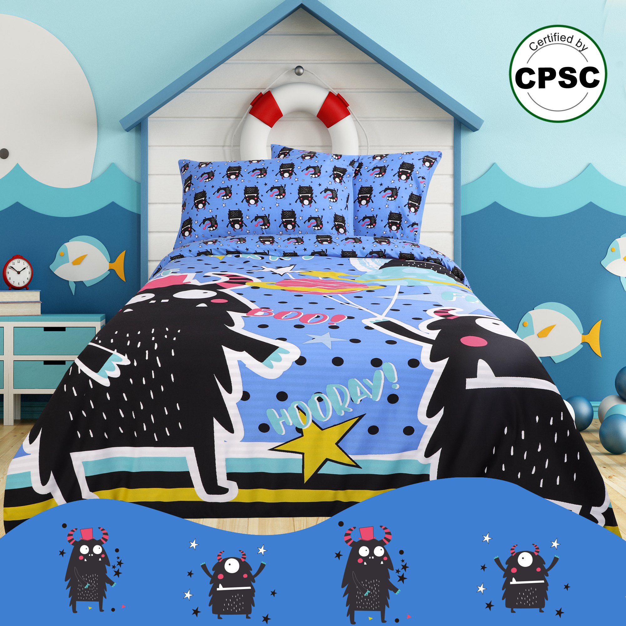 5 Piece Brushed Polyester Kids Duvet Cover Set Black Cartoon Pattern Twin
