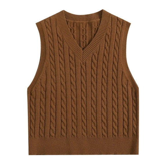 Hpapadks Pullover Sweaters for Women Knitted Sleeveless Solid V Neck Outwear Pullover Vest Sweaters Cable Knit Sweater Women Brown L