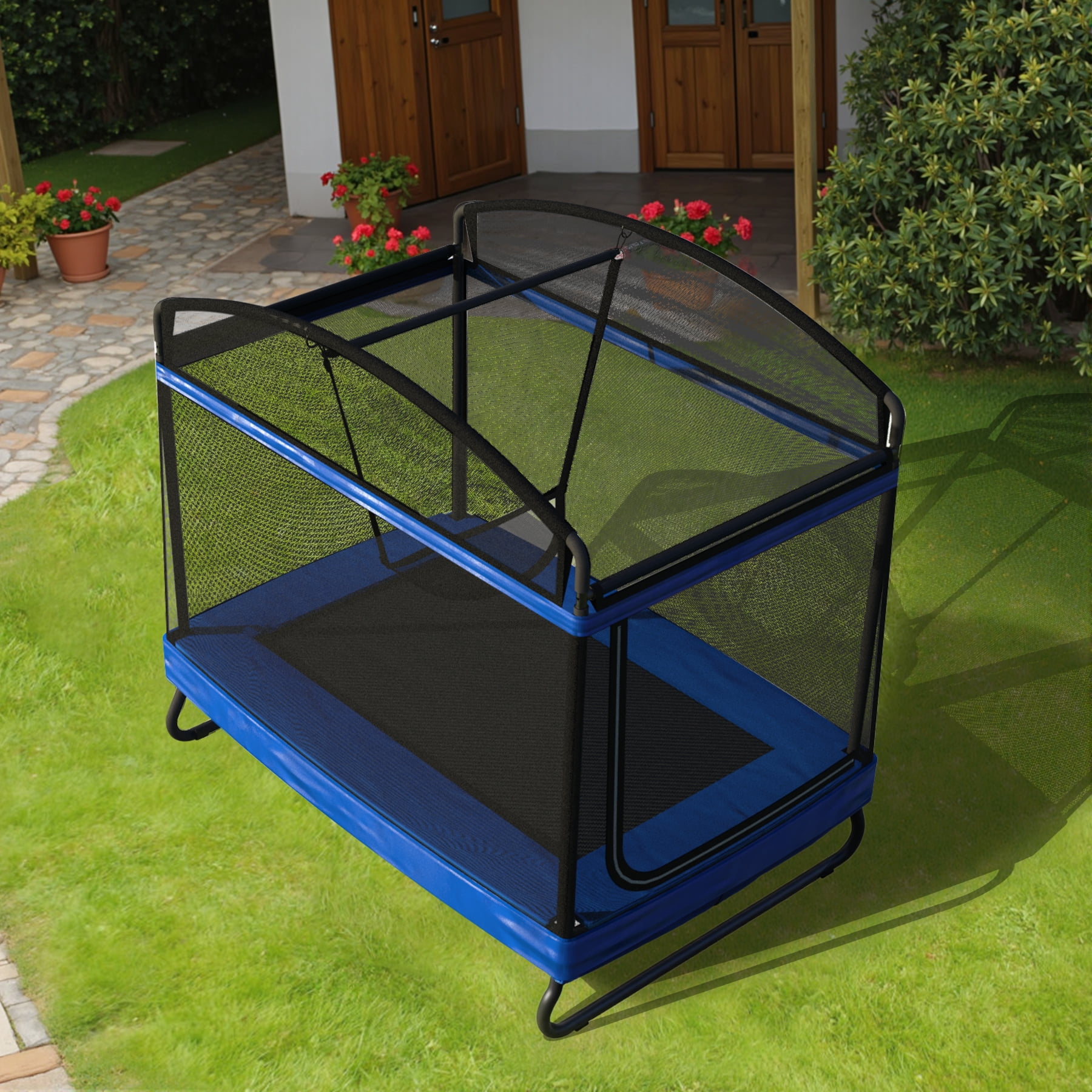 Witaxima 4x6ft Outdoor Square Trampoline for Kids & Adults, Rectangular Bounce Trampoline with Safety Net & Swing, 220LB Capacity, Black+Blue