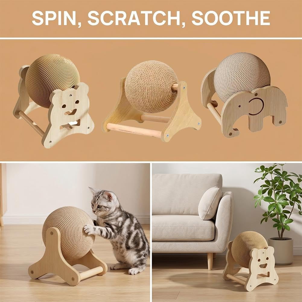 Wooden Cat Scratcher with Sisal Ball, Round Interactive Scratching Board, Durable Indoor Pet Toy for Cat Kitten Claw Care Stress Relief Household Use(k)