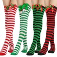 thumbnail image 2 of JZROCKER Women Striped Stockings Bows Stockings Over The Knee Long Socks Red Green, 2 of 21