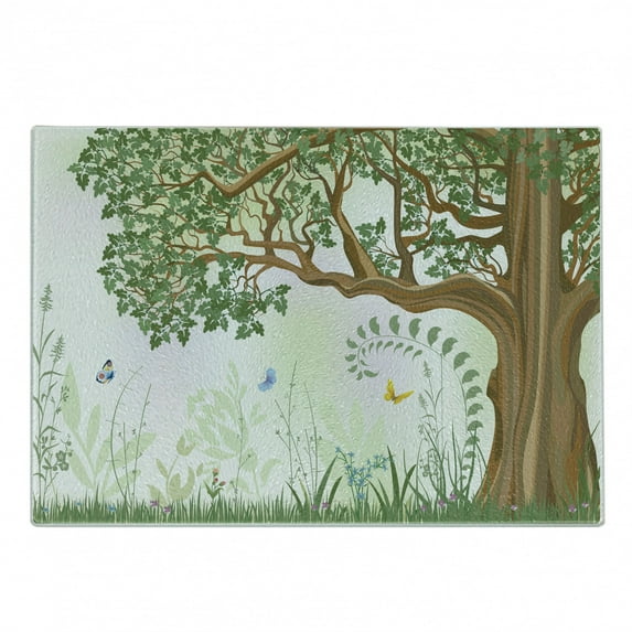 Nature Cutting Board, Spring Summer View Tree Grass Butterfly Oil Painting Effect Wall Hanging Art, Decorative Tempered Glass Cutting and Serving Board, in 3 Sizes, by Ambesonne