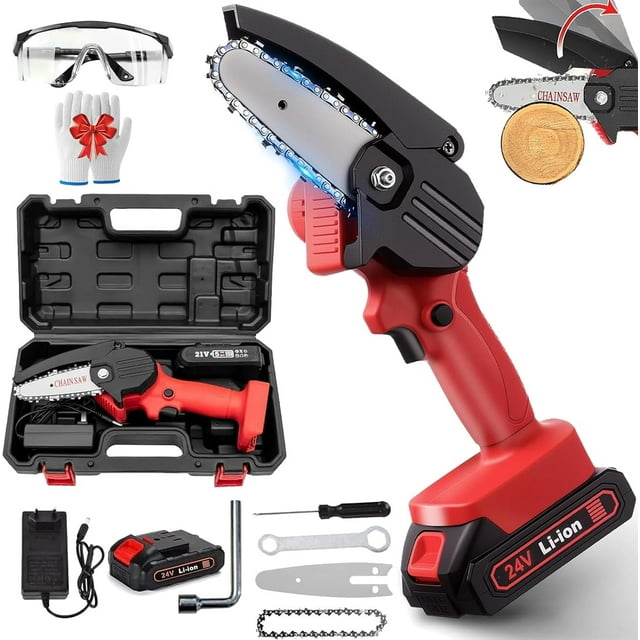 Wood Ranger Mini Chainsaw, 4 Inch Cordless Portable Handheld Electric Chain Saw, Chain Saw Battery Powered, for Yard, Home and Garden, Wood Cutting, Tree Trimming, Diyer(Red-1 Battery)