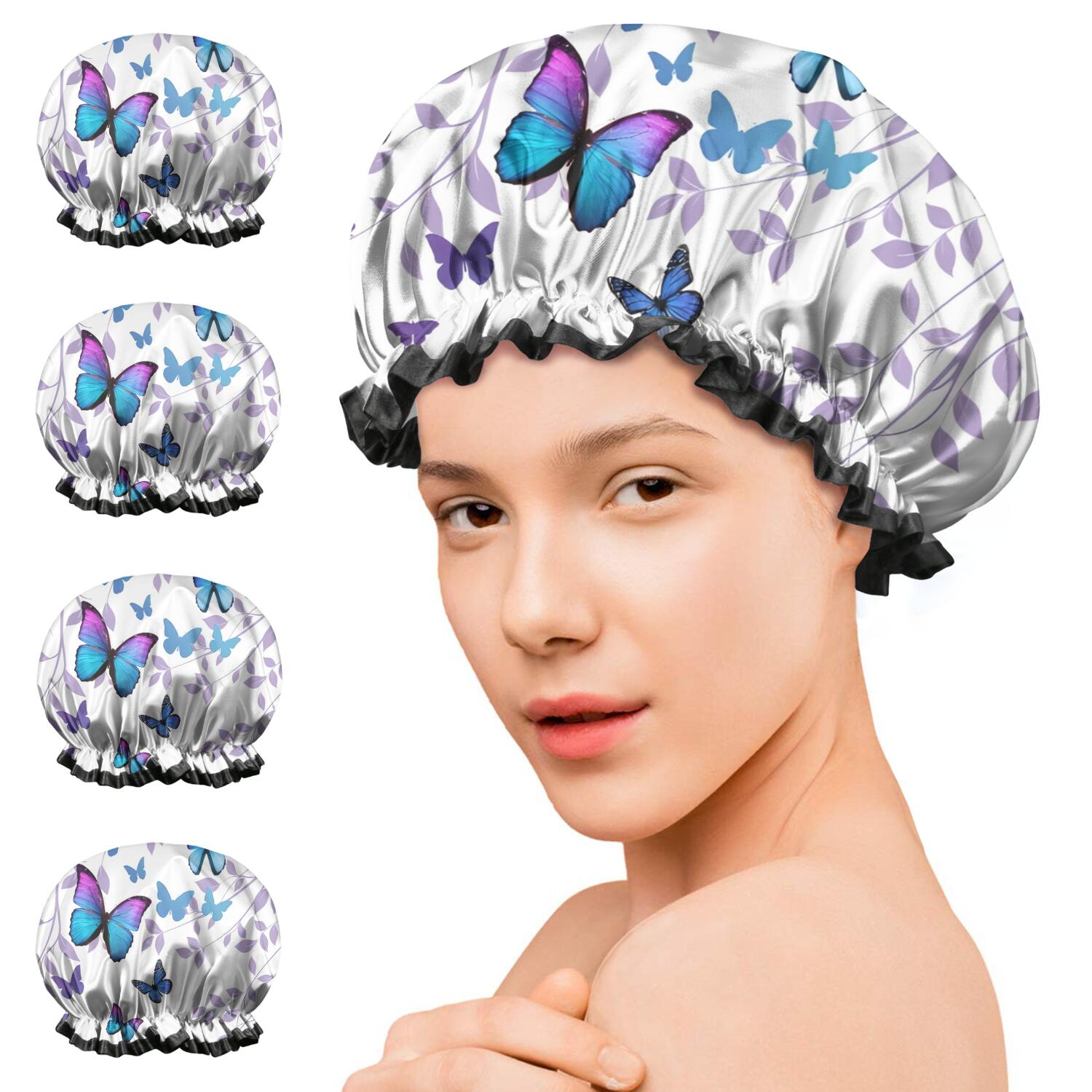 Shower Caps,Purple Leaf Butterfly Pattern Waterproof Shower Cap for Women 4 Pieces,Double Reusable Hair Cover for Shower PEVA Elastic Stretch Hem