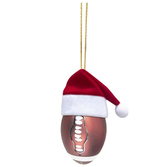 chaungfeng Football Ornament for Christmas Tree, Football Christmas Ornaments in Santa Hat, Xmas Hanging Decor Tradition Blown Glass Keepsake Gifts, 2"x3.5"