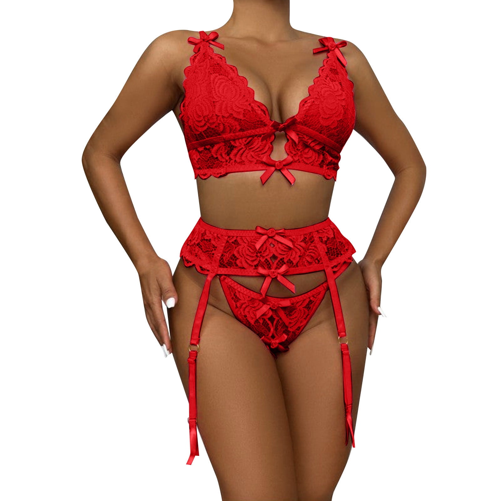 Hfyihgf Sexy Corset Garter Belt Lingerie Set for Women 3 Piece Exotic Floral  Lace Bustier Bra with Panties Babydoll Sleepwear(Red,XL) 