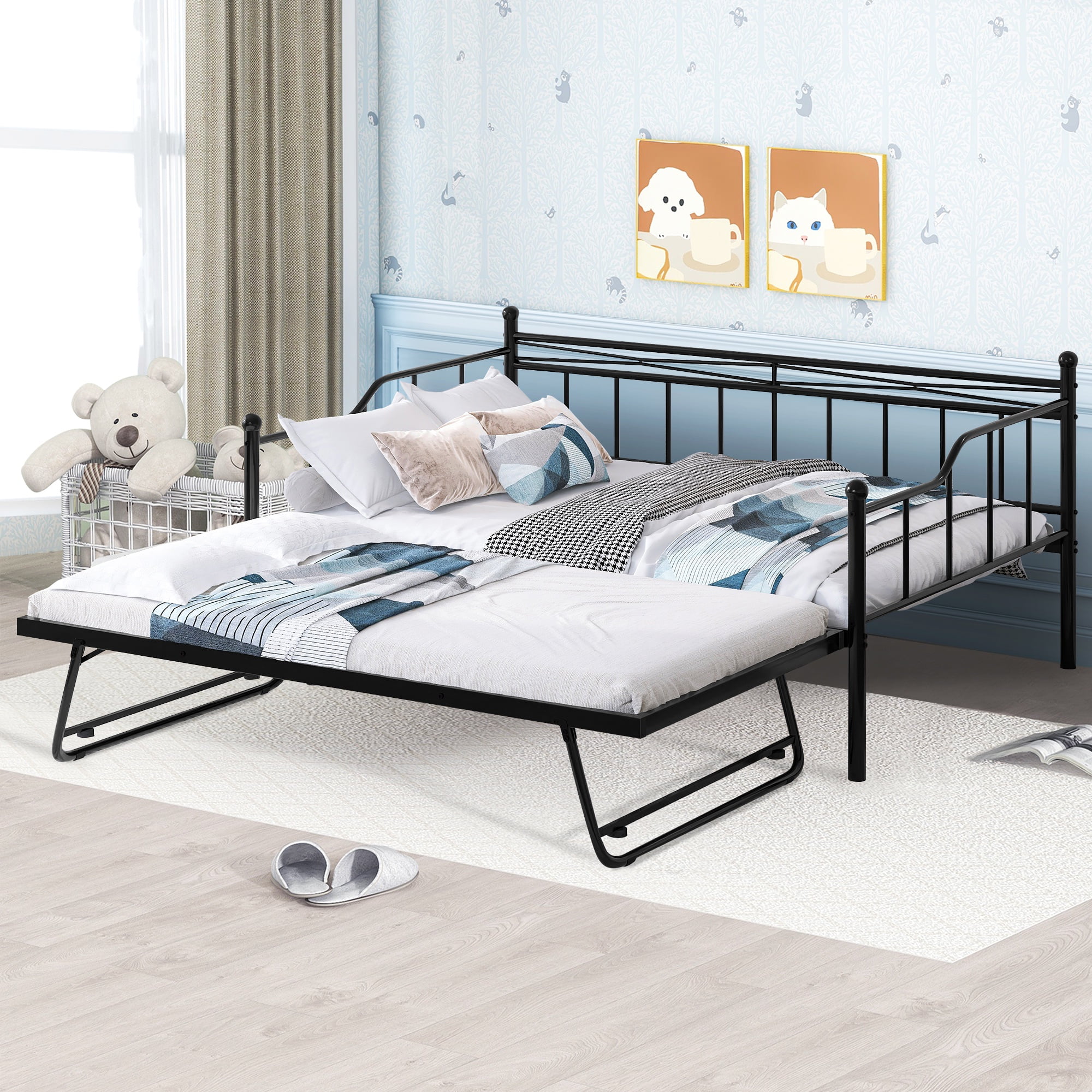PAPROOS Daybed with Trundle Included, Twin Size Metal Daybed Frame with Pull out Trundle Bed, No Box Spring Needed, Black