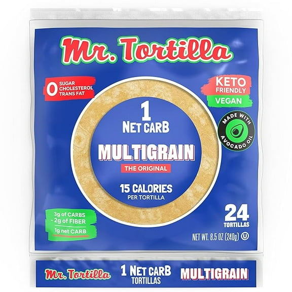Mr. Tortilla Low Carb Keto Soft Taco Shells, Vegan Healthy Snacks & Bread Alternative, 1 Net Carb 15 Calories Delicious Small Batch Kosher Wraps - (Multigrain, 24 Count)( Pack of 2 )