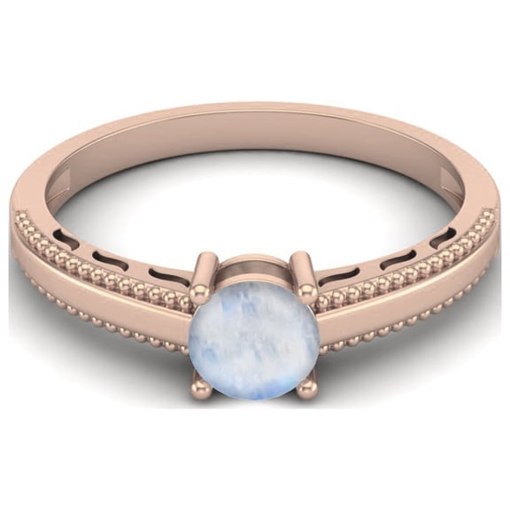 925 Sterling Silver Rose Vermeil 0.50 Cts Round Moonstone Solitaire Beaded Shank Anniversary Women Valentines Day Gifts Ring