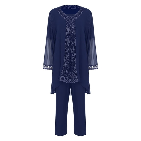 Yeahdor Mother of The Bride Dress Pant Suits Women Chiffon 3 Pieces Cocktail Party Dress Evening Gown Navy Blue 5XL