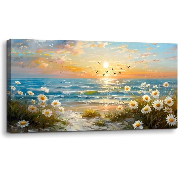 Aaheei Canvas Wall Art Prints, Ocean Sunset Landscape Canvas Prints Paintings, Coastal Daisy Paintings Decor, Seaside Wildflowers Wall Decor for Bedroom Living Room Dining Room 8x12