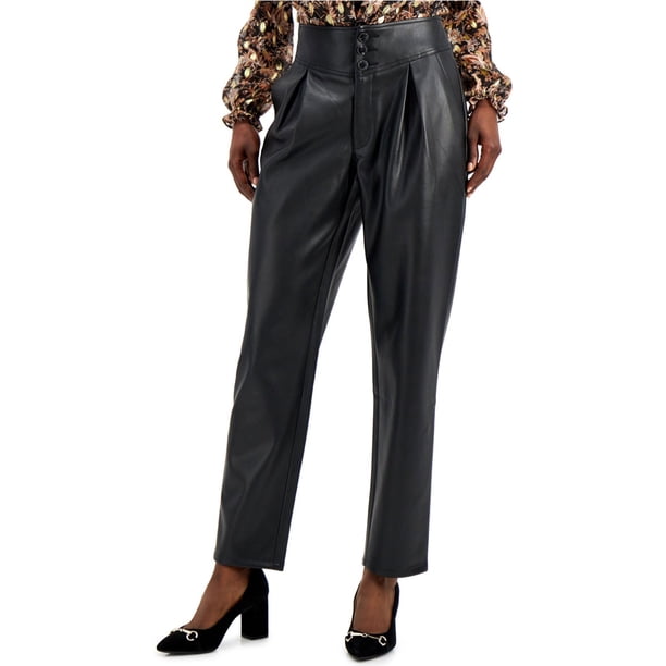INC Pantalones casuales de piel sintética para mujer, negro, 8 regular