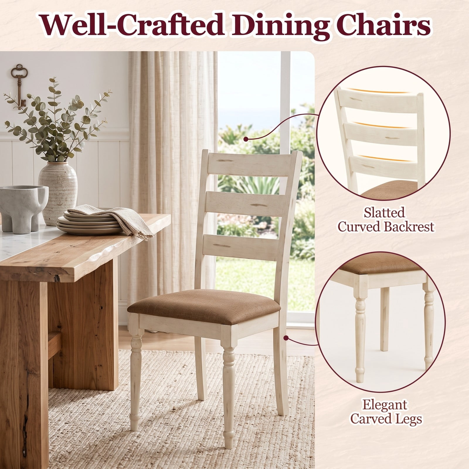 Furnibear Rubber Wood Dining Chairs Set of 2, Upholstered Kitchen Side Chairs with Padded Linen Seat, Slatted Curved Backrest and Carved Wood Legs for Dining, White