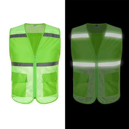

ALSLIAO Mens Multi-Pocket Mesh Vest Jacket Visibility Waistcoat Safety Work Reflective Green 2XL
