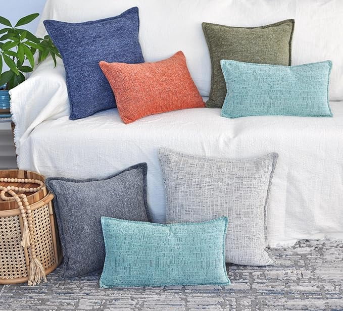 Textured Chenille Lumbar Pillow Covers Pack of 2 Navy Blue 12x20 inches , Solid Cushion Cases For Sofa Accent Chair Couch, Rectangular Small Pillowcases