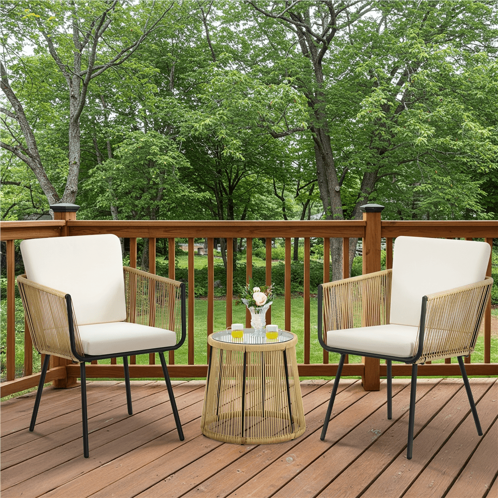 Renwick 3-Piece Outdoor Wicker Bistro Set with Table and 2 Chairs, Tan/Cream