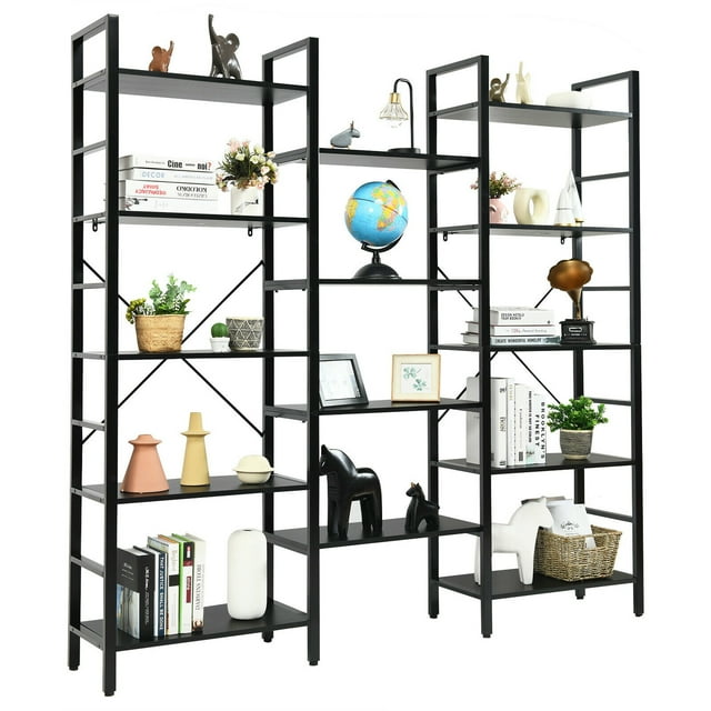 Gymax Triple Wide 5-tier Bookcase Large Bookshelf Display Storage Shelf Vintage Black