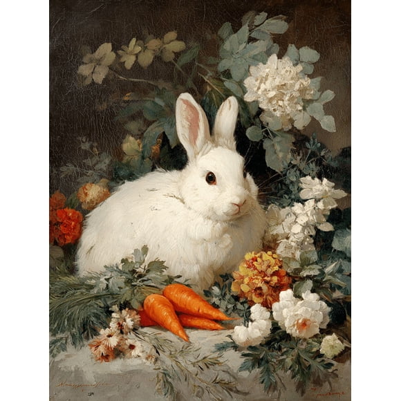 QISVANSET White Rabbit Carrots Floral Arrangement Canvas Wall Art 15.75x11.81 Inches
