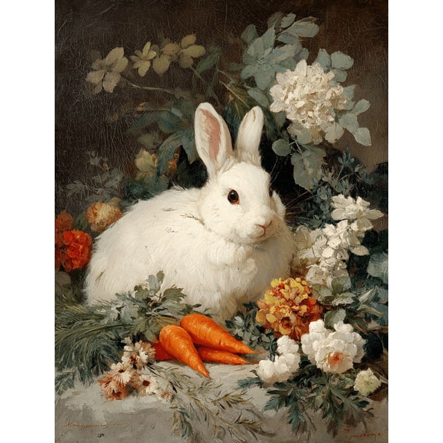 QISVANSET White Rabbit Carrots Floral Arrangement Canvas Wall Art 15.75x11.81 Inches