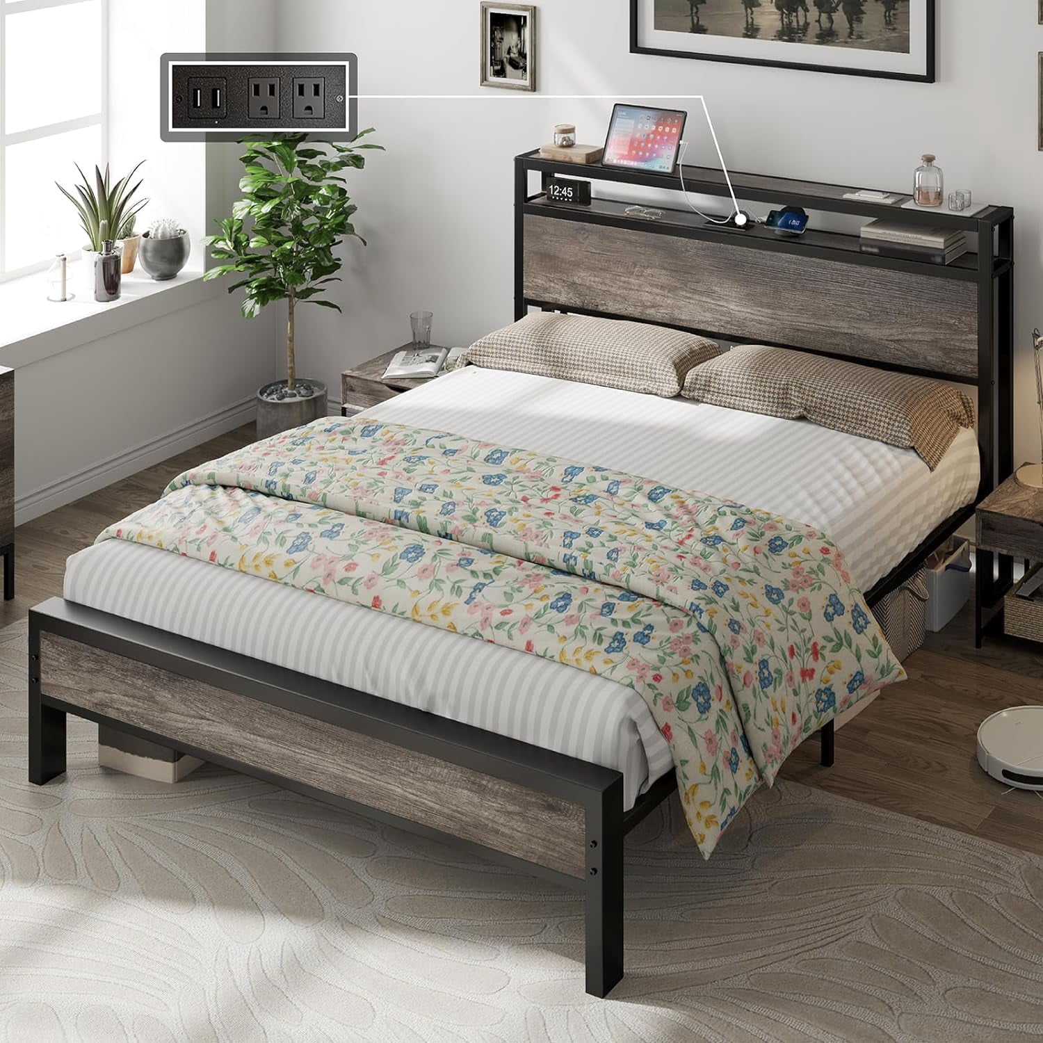 Merluxy Queen Size Bed Frame Industrial Platform Bed with Charging Station, 2-Tier Storage Headboard/ No Box Spring Needed/ Noise-Free/ Rustic Gray