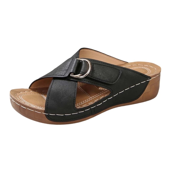 Yuanlong Women's Slides Sandals Platform Wedge Hollow Out Summer Sandals Leather Upper Stylish Beach Slippers