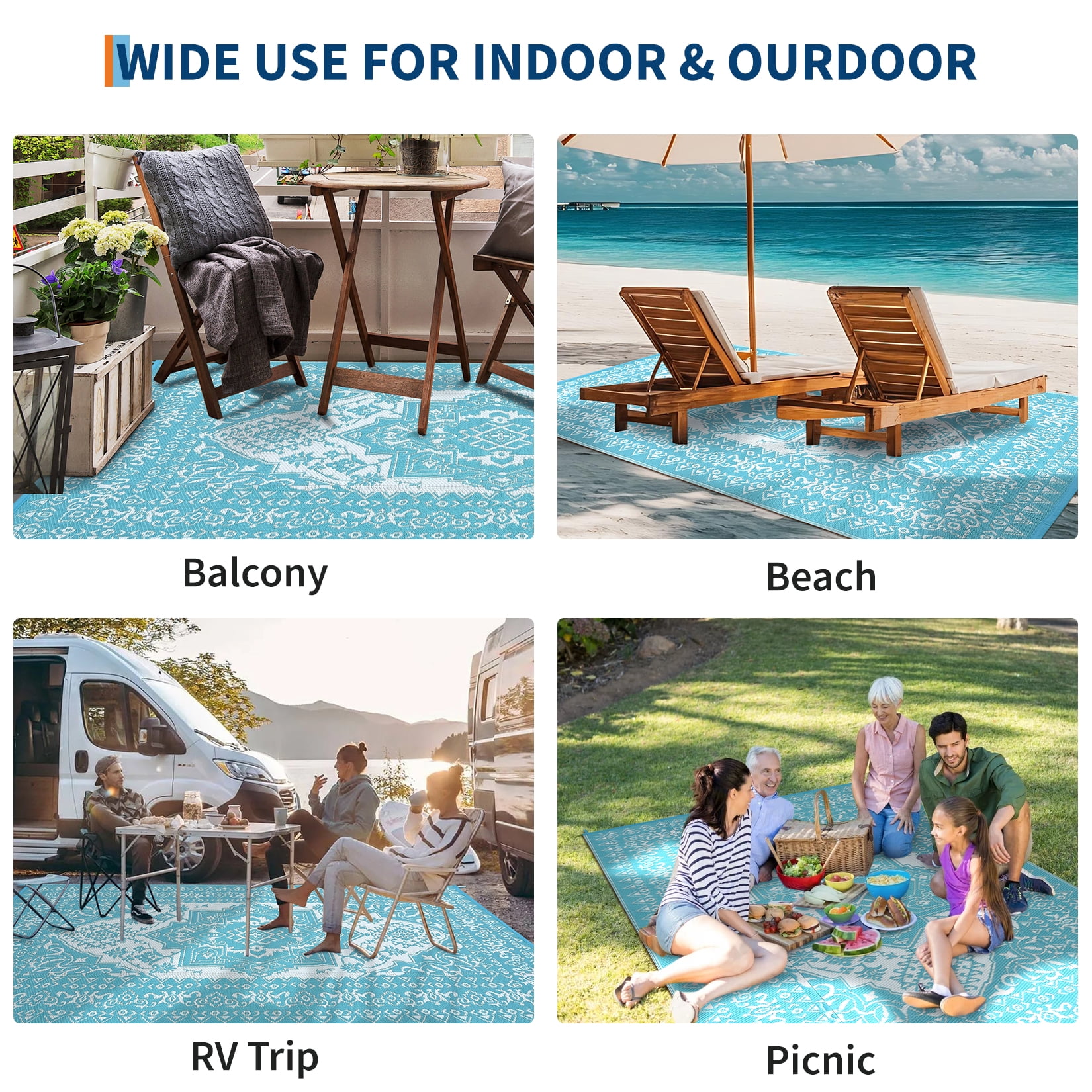 Outdoor Rug 8x10 Waterproof Reversible Plastic Straw Patio Mat, Vintage Medallion Indoor Outdoor Carpet for Deck Balcony Porch RV Camping Picnic