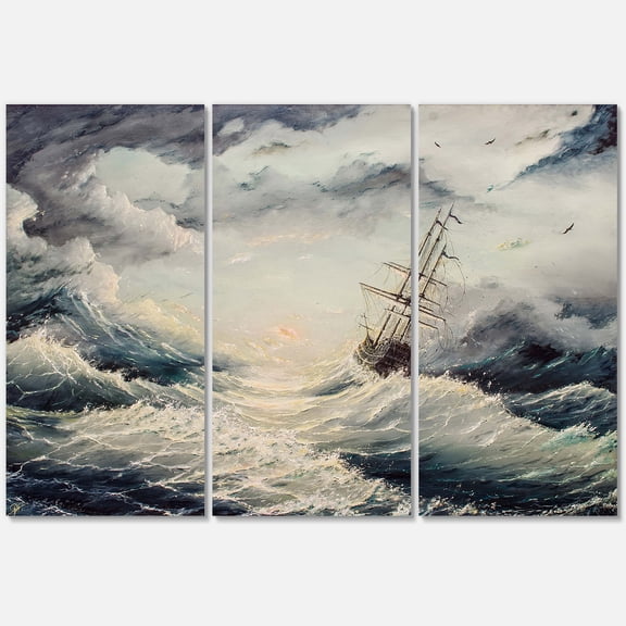 Ship Struggles With The Sea Storm 28 in x 36 in Painting Canvas Art Print, by Designart