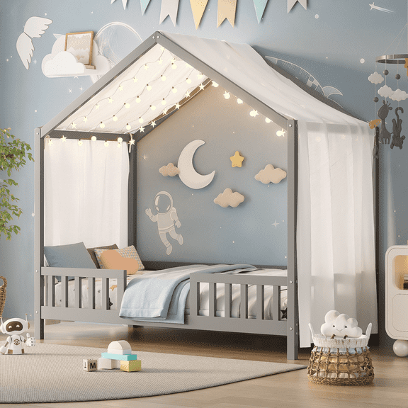 Luckynote Montessori Floor Bed with Canopy, Twin Bed Frame, House Shape Bed Frame with High Railings, Wood Bed with Roof,  Twin Bed, Grey