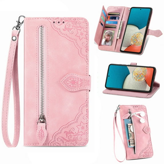 Feishell Case For Samsung Galaxy A04E, Embossed Card Slots Retro Leather Wallet Shockproof Flip Cover with Hand Strap Card Slots Zipper Pocket Kickstand Handbag Magnetic Closure, Pink