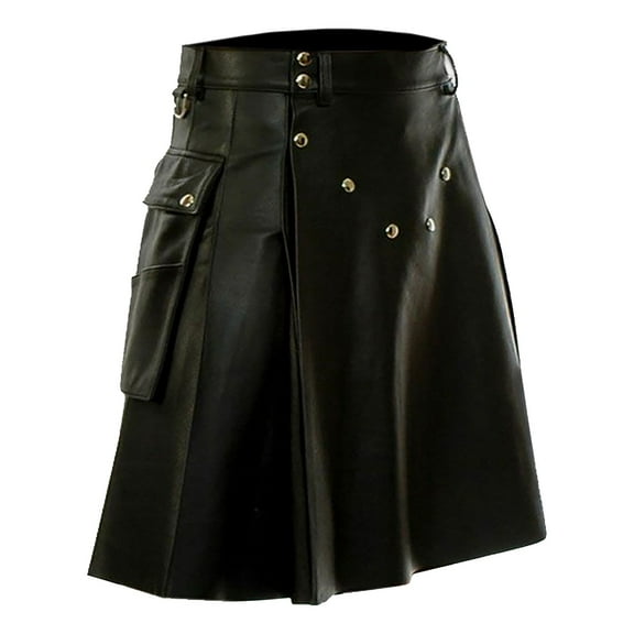 Riforla Fashionable Comfortable Versatile Scottish Festival Dress Men's Multi Color Leather Pleated Skirt Black XXXXL