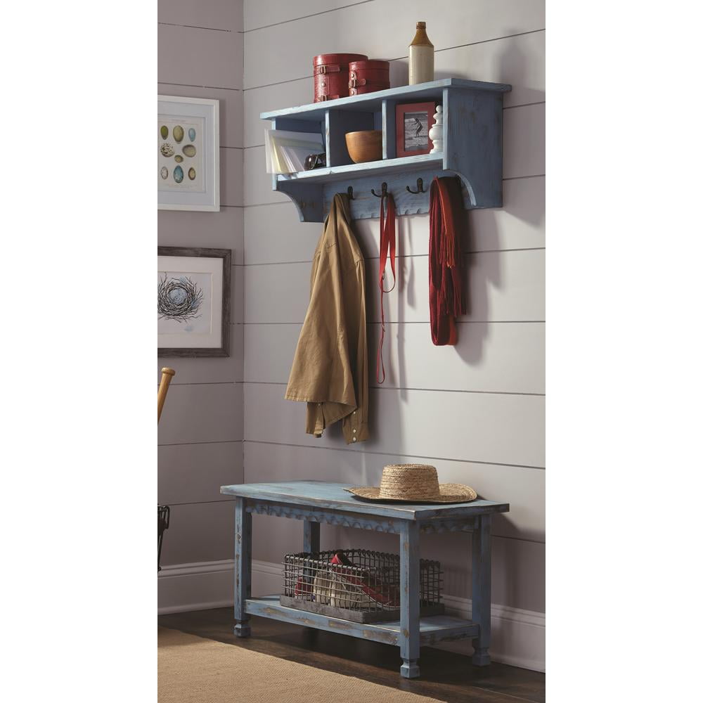 Alaterre Furniture Country Cottage Coat Hooks and Bench Set, Blue Antique Finish