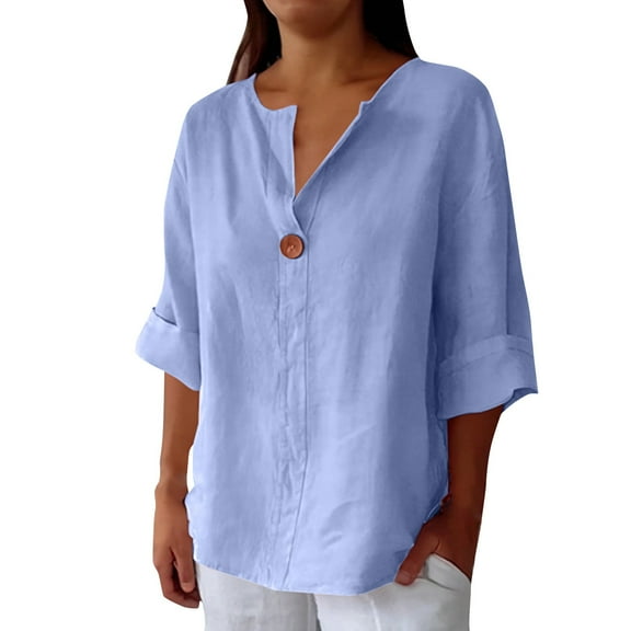 TODOZO Hot Sale!! Womens Button Down Shirt 2025 Summer Casual 3/4 Sleeve Solid Color Shirts Loose Work Tops Bu1 L