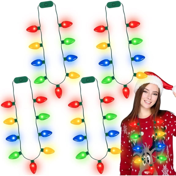 Jinswick 4 Pack Christmas Light Necklace, Colorful Christmas Accessories, 9 LED Bulbs Light Up Necklace with 3 Flash Modes, Ugly Sweater Lights for Xmas New Year Party Favor Supplies Accessories