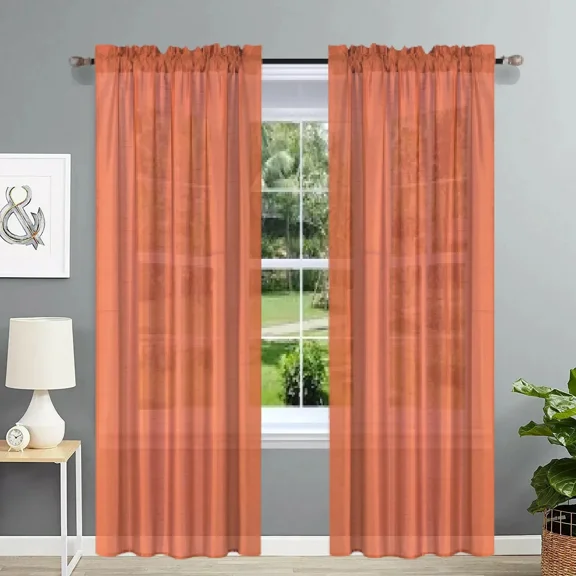 2 Pieces semi sheer brick color faux silk see thru curtain textured panels window treatment with rod pocket privacy light filtering drapes for any room home décor