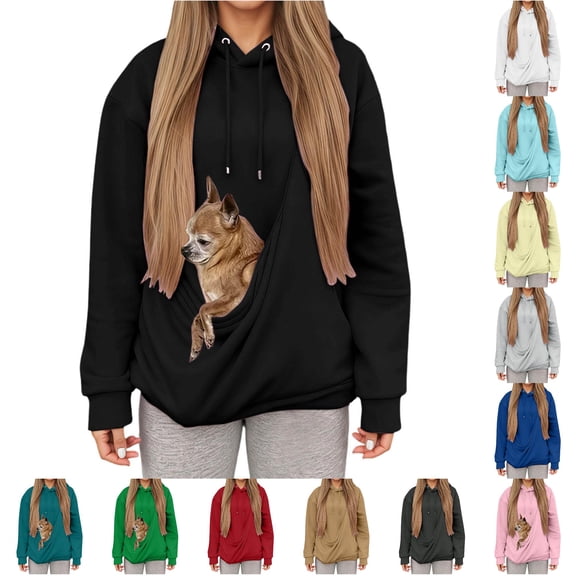 OSOLU Women's Pullover Hoodie Solid Color Novelty Pet Pocket Dog Pattern Drawstring Hood Relaxed Tops Black