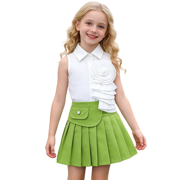 Owordtank Girls Sleeveless Lapel Button Down Shirt with Pleated A-Line Mini Skirt Cute Summer 2 Piece Outfits for 0-3 Years