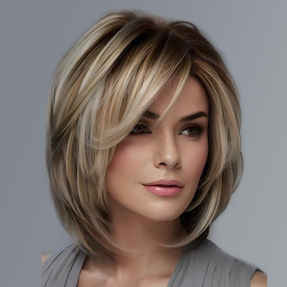 Short Blonde Layered Wig for Women with Bangs Short Straight Mixed Brown Bob Synthetic Natural Daily Party Wig
