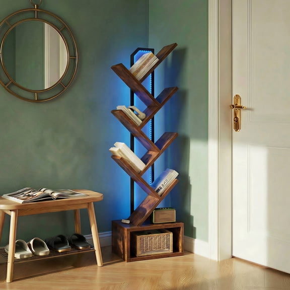 Casacomoda 6-Tier Tree Bookshelf with LED Light, Modern Corner Bookcase Display Shelf for Living Room, Bedroom & Home Office, Vintage