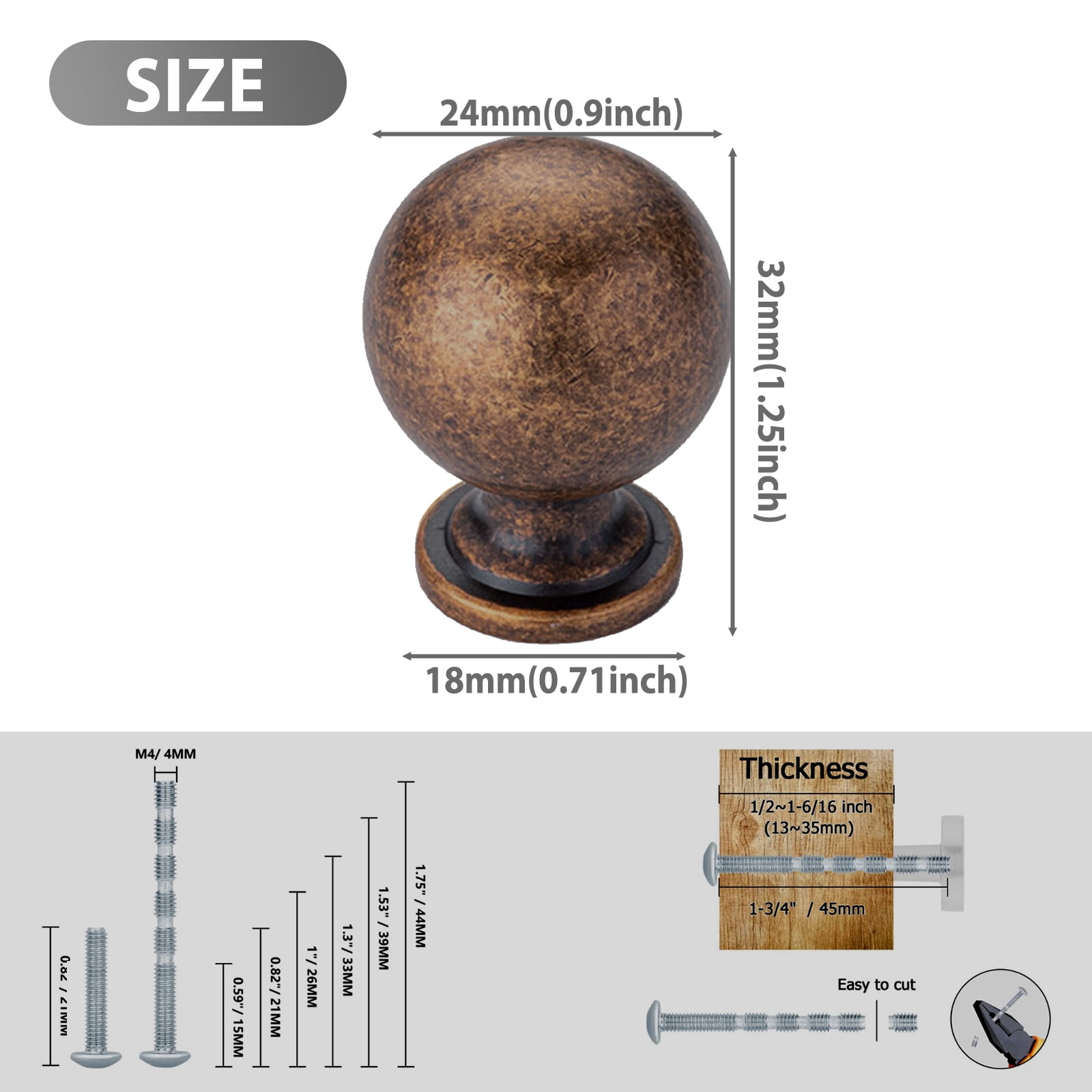 6 Pack Antique Brass Handles and Knobs Round Solid Vintage Antique Brass Finish Kitchen Cabinet Knobs,Ball Cabinet knobs
