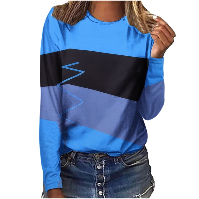 IROINID en Solde T-Shirt à Manches Longues en Polyester pour Femmes Confortable Dames Col Rond Hauts Amples T-Shirts Imprimés Blouse, Bleu